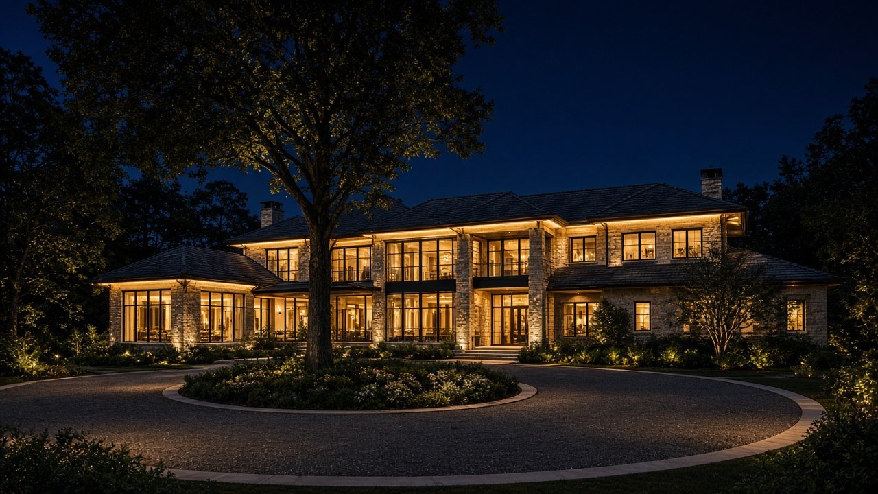 Estate home traced in warm light