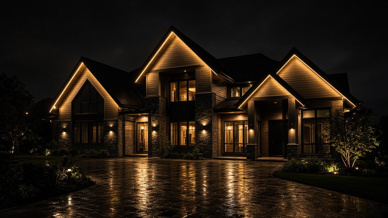 Peaks outlined in warm architectural light